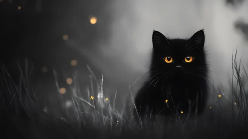 Black Cat with Amber Eyes in Misty Grassland Setting
