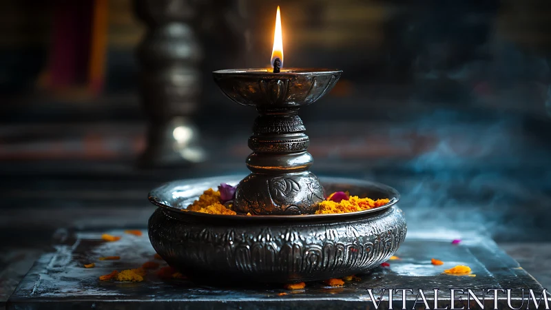 Temple brass oil lamp glows over marigold offerings.