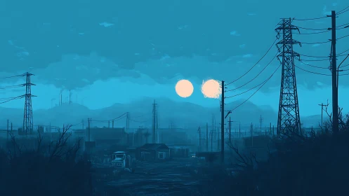 Twin suns rise above abandoned power grid in blue haze