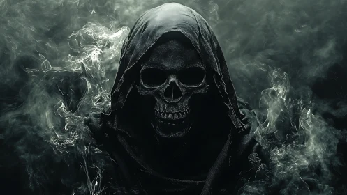 Mysterious hooded reaper rising through swirling smoke.