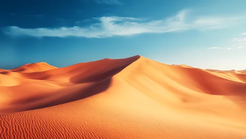 Sunlit desert dunes with sculpted ridgelines and deep shadows.