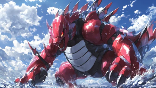 Crimson sea titan lunges forward beneath wild summer skies