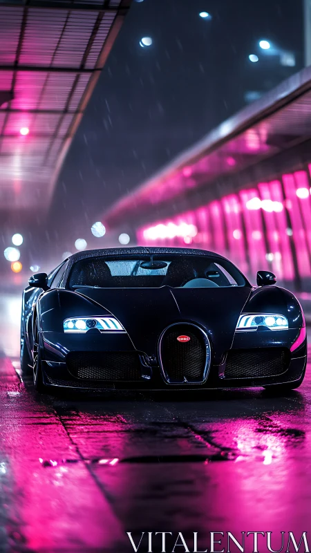 Neon soaked supercar glows under rainy city night lights