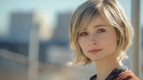 Young woman portrait with soft urban bokeh background