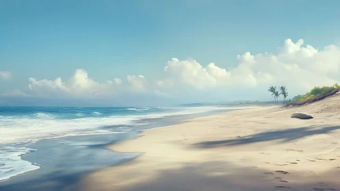 Wide sandy shoreline with calm waves and distant palms.