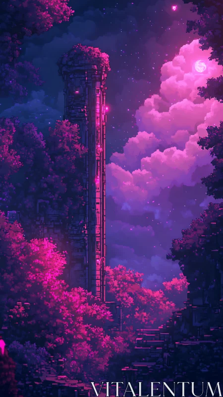 Pixel tower ruins rise amid neon pink forest night sky