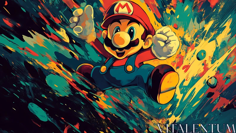 Dynamic cartoon hero leaping through bold paint explosion.