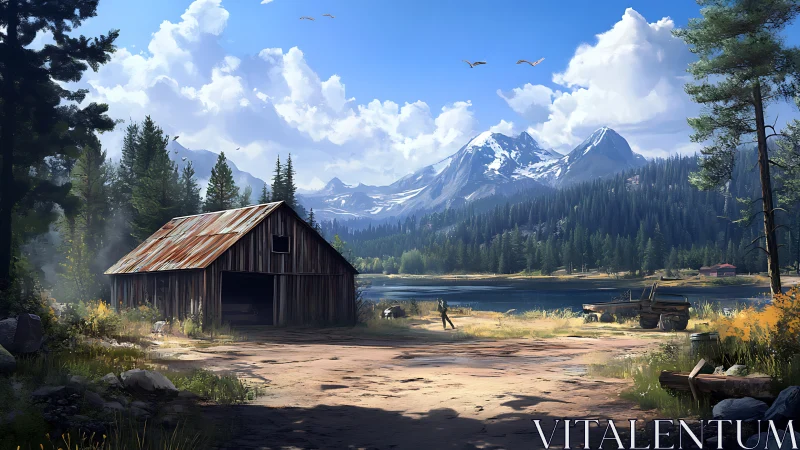 Rustic lakeside barn beneath towering alpine peaks.