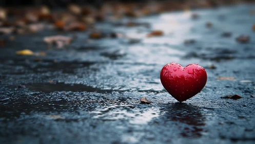 Solitary Red Heart Floating on Wet Asphalt with Shallow Depth of Field
