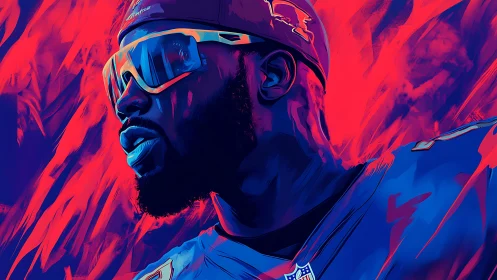 Neon gridiron guardian blazes through electric twilight storm.