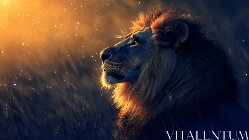 Golden twilight lion gazing into drifting sparkles of light.