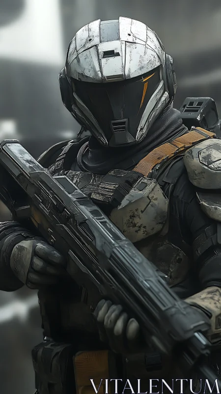 Armored sci fi soldier grips rifle in ruined cityscape.