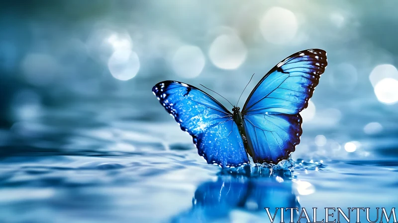 Photorealistic blue morpho butterfly poised on liquid mirror surface.