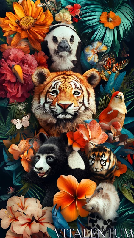 Endangered jungle fauna rendered in hyperreal floral montage