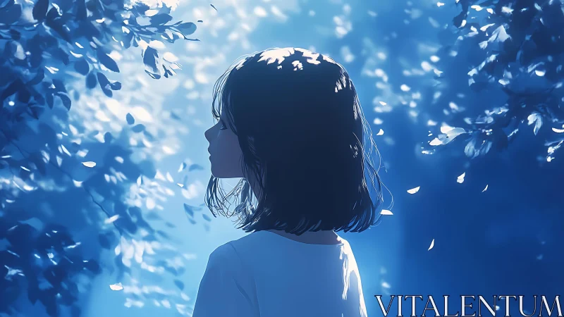 Moonlit thoughts drift as the girl listens to blue silence