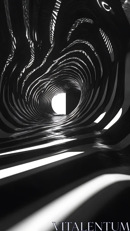 Liquid tunnel of monochrome light folding toward exit.
