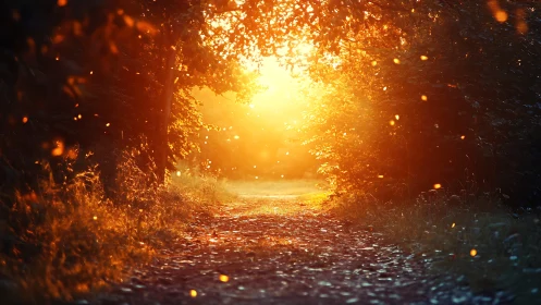 Backlit woodland path with golden hour volumetric sunlight