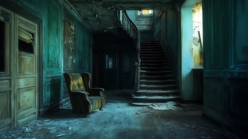 Decayed teal hallway shows worn armchair and dusty stairs