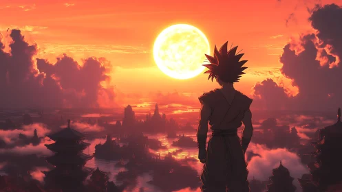 Anime warrior surveys glowing sun over misty cityscape.