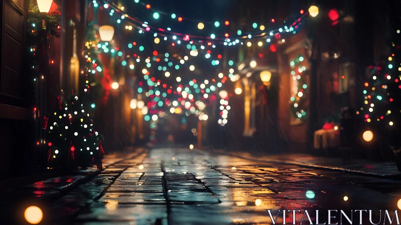 Rain-soaked festive alleyway with defocused holiday lights.