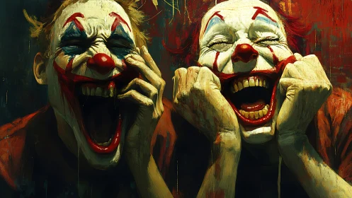 Dual grotesque clown portraits expose manic emotional extremes