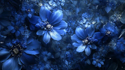 Luminous Blue Petals Cascade Through Midnight Garden.