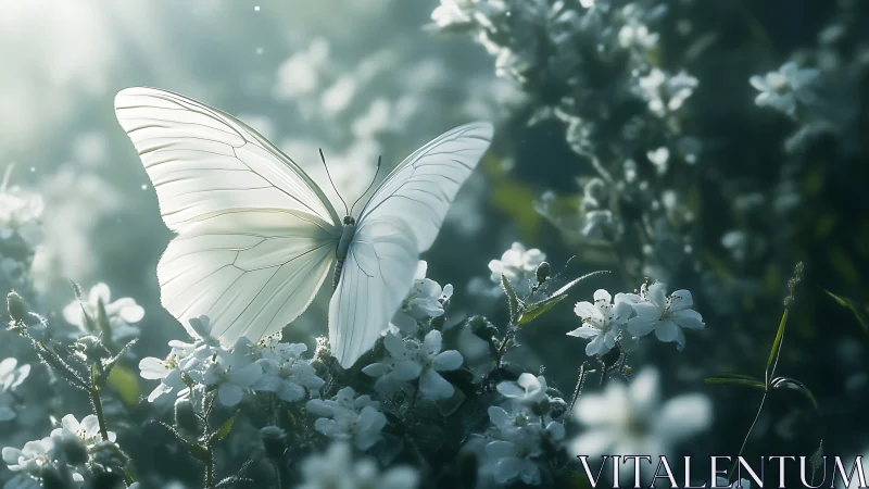 White butterfly resting on small white flowers in soft light.