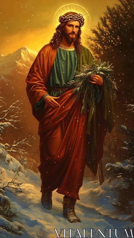 Robe-clad haloed figure walking through snowy forest path.