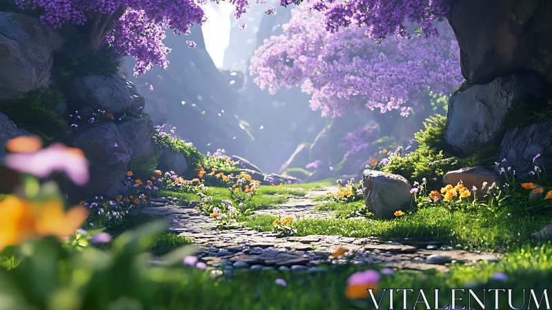 Sunlit cobblestone path winds through lush cherry blossom gorge