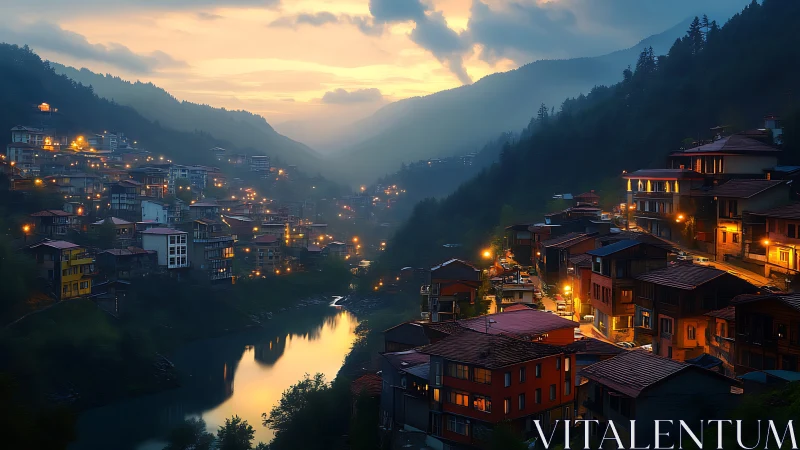 Mountain valley town at dusk rendered in cinematic digital painting