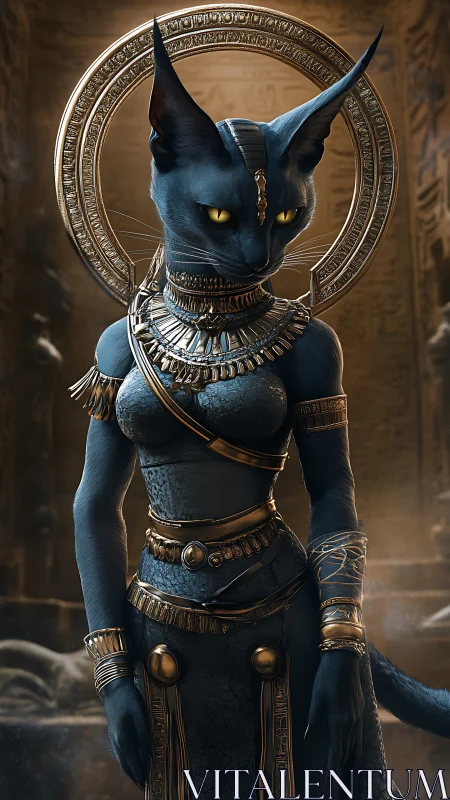 Egyptian feline goddess avatar in ornate golden regalia.