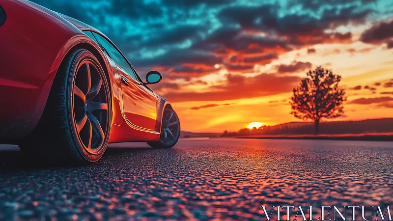 Red sports car on open road at low sunset viewpoint.