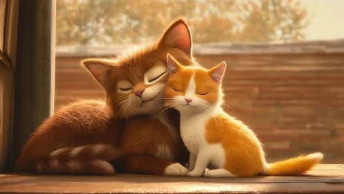 Orange Tabby and Ginger Kitten Nuzzle in Warm Sunlight.