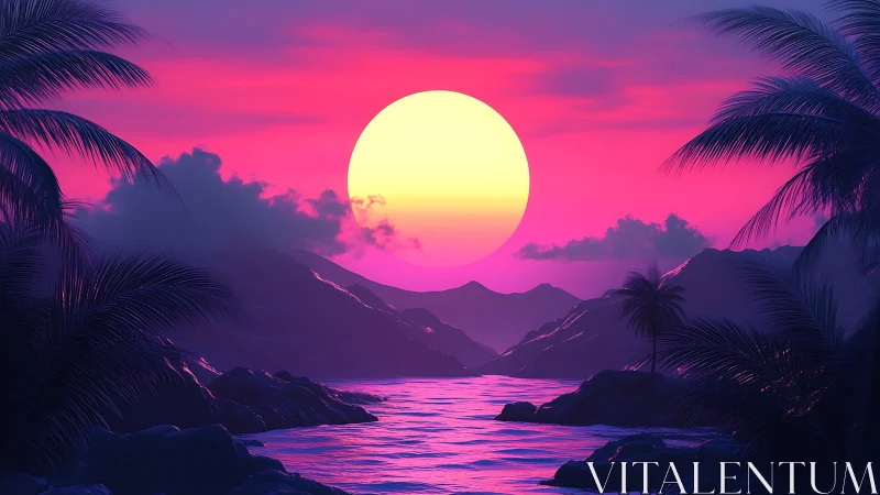 Neon tropical sunset illuminates stylized mountains and sea