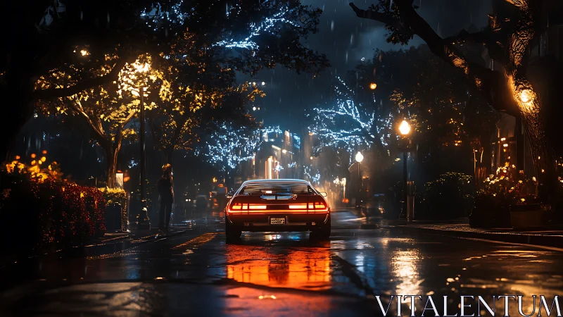 Retro car glows on a rainy city street of quiet wonder.