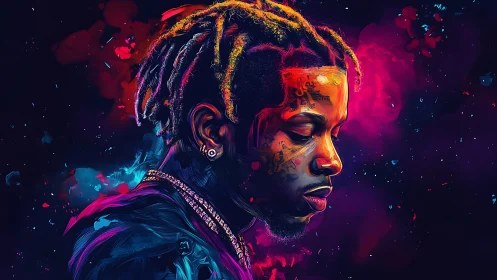 Luminous portrait of a reflective musician in neon colors.