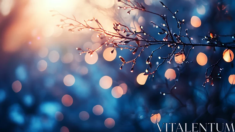 Dewy winter branch with bokeh lights in dreamy abstract style.