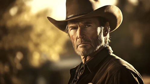 Older man in cowboy hat stands outdoors in warm light