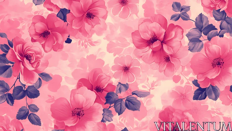 Dense floral composition with overlapping pink and purple blooms throughout layered space.