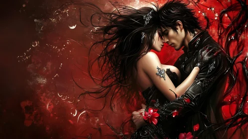 Two Figures in Gothic-Romantic Pose Against Red Background