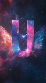 Galactic letter U glows amid vibrant cosmic nebulae.
