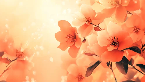 Translucent coral flowers bloom against golden diffused light backdrop.