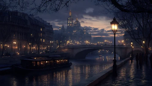 Nocturnal riverside cityscape under cinematic lamplight.