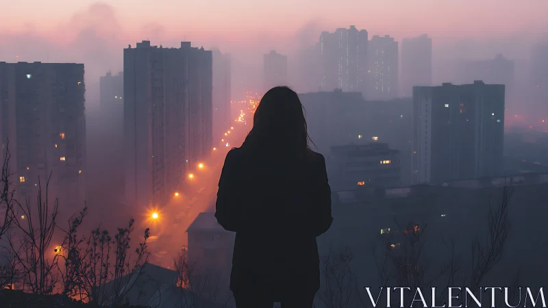 Silhouetted figure studies foggy city skyline at dusk
