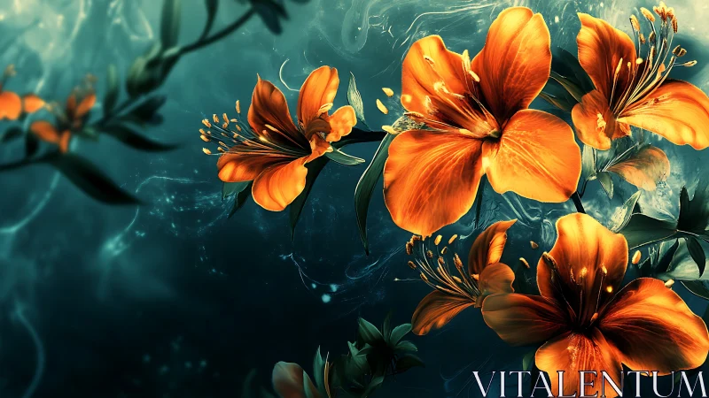 Orange Flowers Against Dark Teal Background.