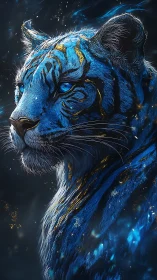Luminous blue tiger gazing into a starlit, dreamlike night.
