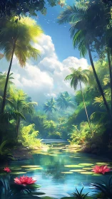 Lush tropical lagoon with lilies under towering palms.
