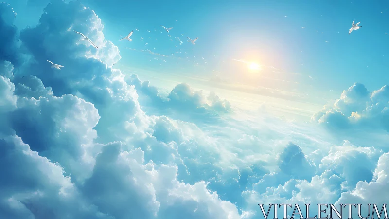 Soft morning sun pours over towering clouds and gentle birds