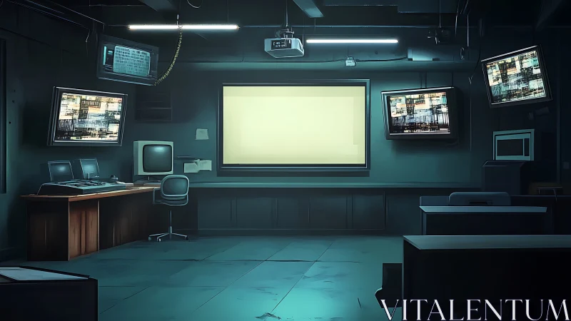 Cyber control room glows with cold monitors and screens.