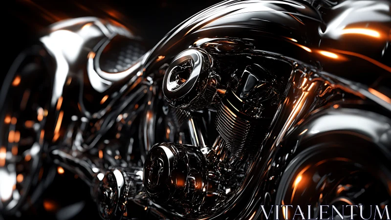 Chromed custom motorcycle engine under cinematic light.
